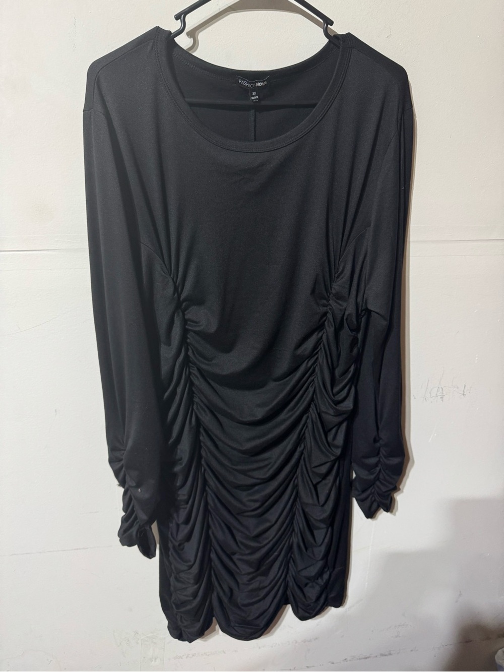 Black Ruched Long Sleeve Dress- Plus Size
